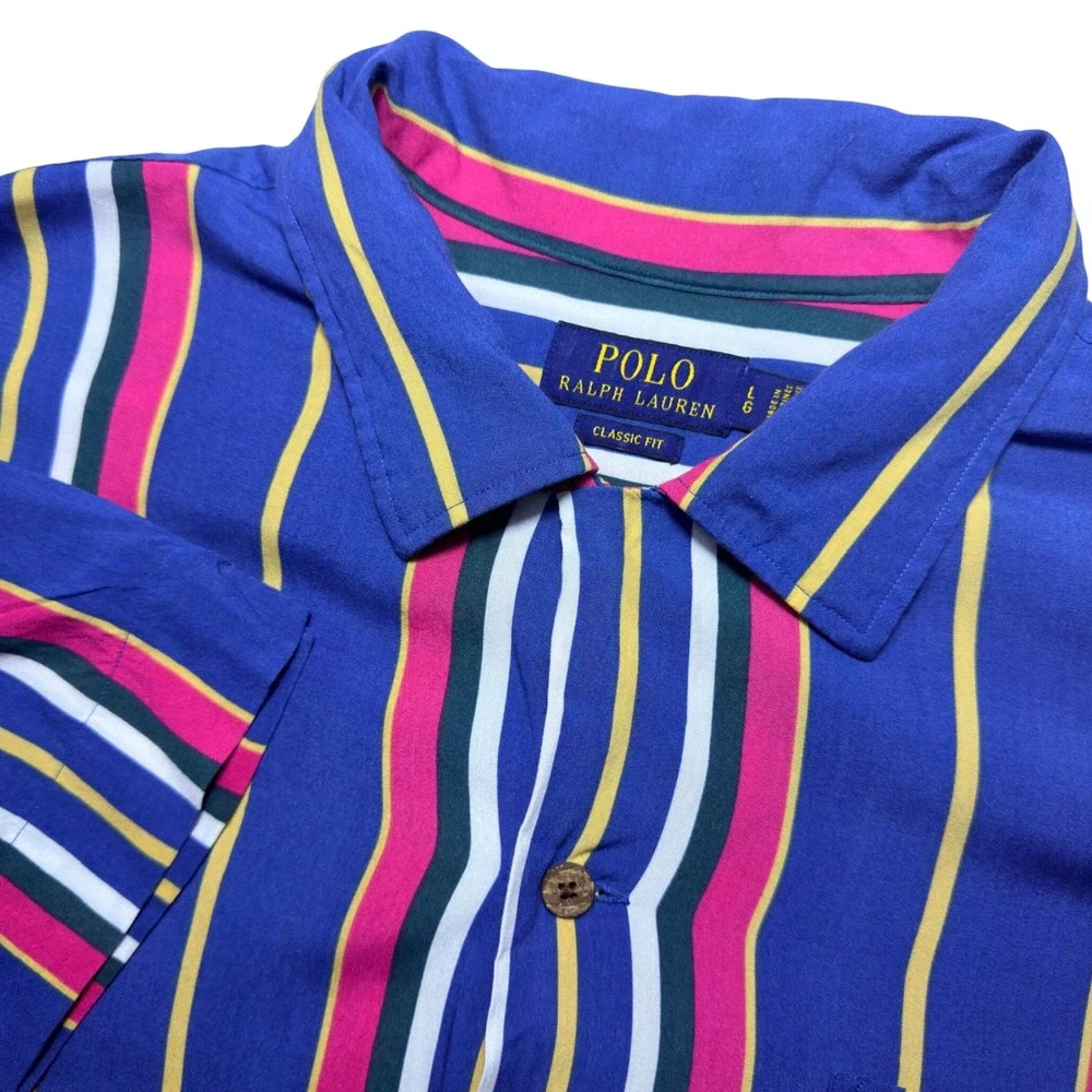 Polo Ralph Lauren Men Large Classic Fit Viscose Camp Resort Multi Striped‎ Shirt